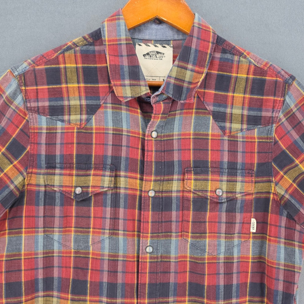 Vans Off The Wall Mens Medium Plaid Western Snap Short Sleeve Shirt Red Blue